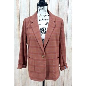J Jill‎ Mendocino Plaid Auburn Blazer Jacket Medium Petite Stretch Brown Blue